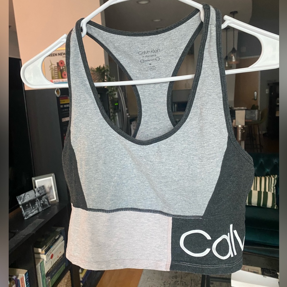 Pink gray color block Calvin Klein racerback cropped tank medium sports bra